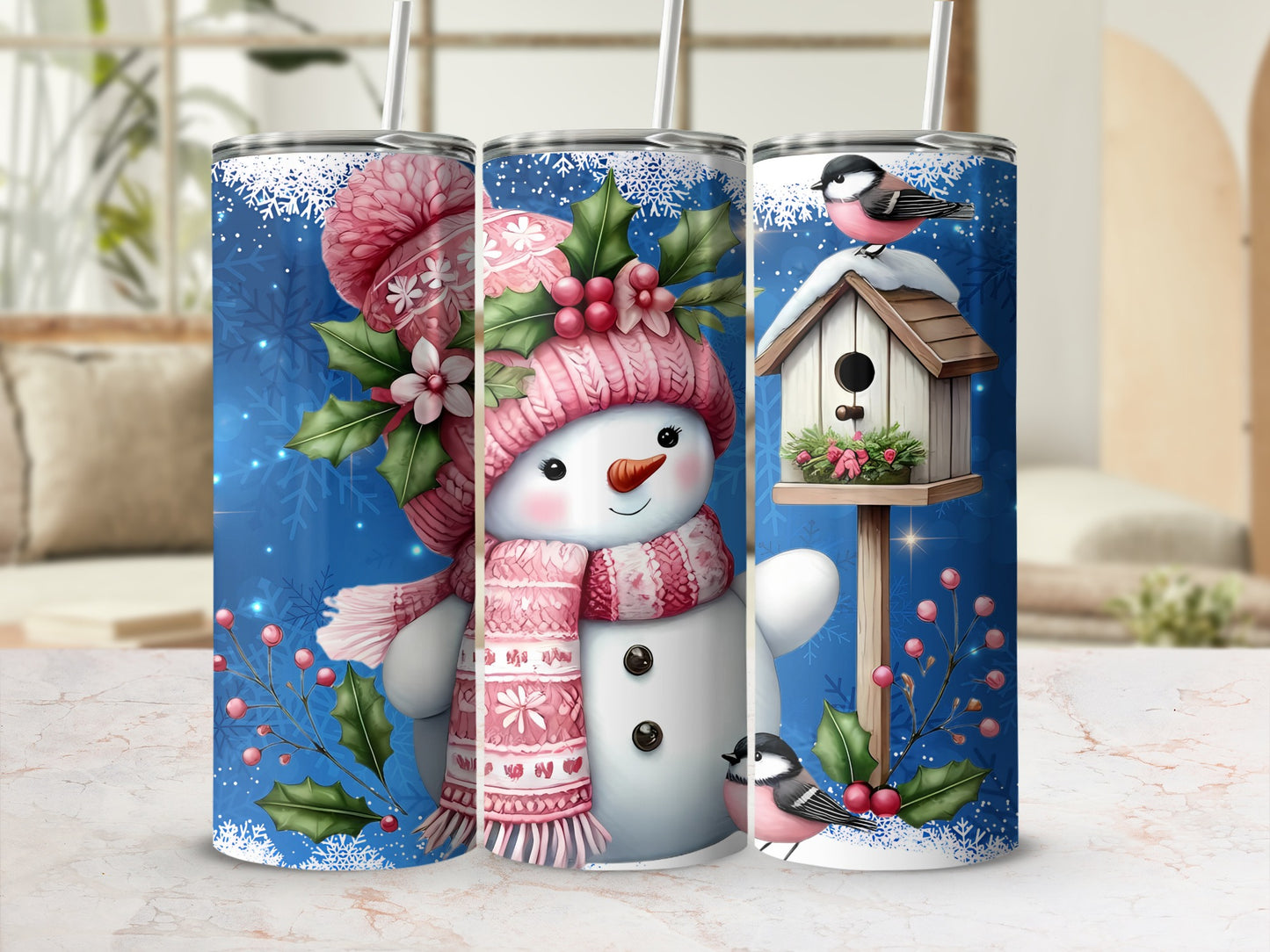 Snowman and Birdhouse Winter Theme Tumbler Product