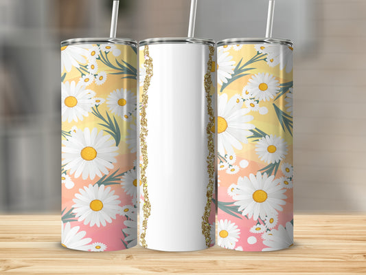 Three tumblers with daisy floral pattern, white center panel.