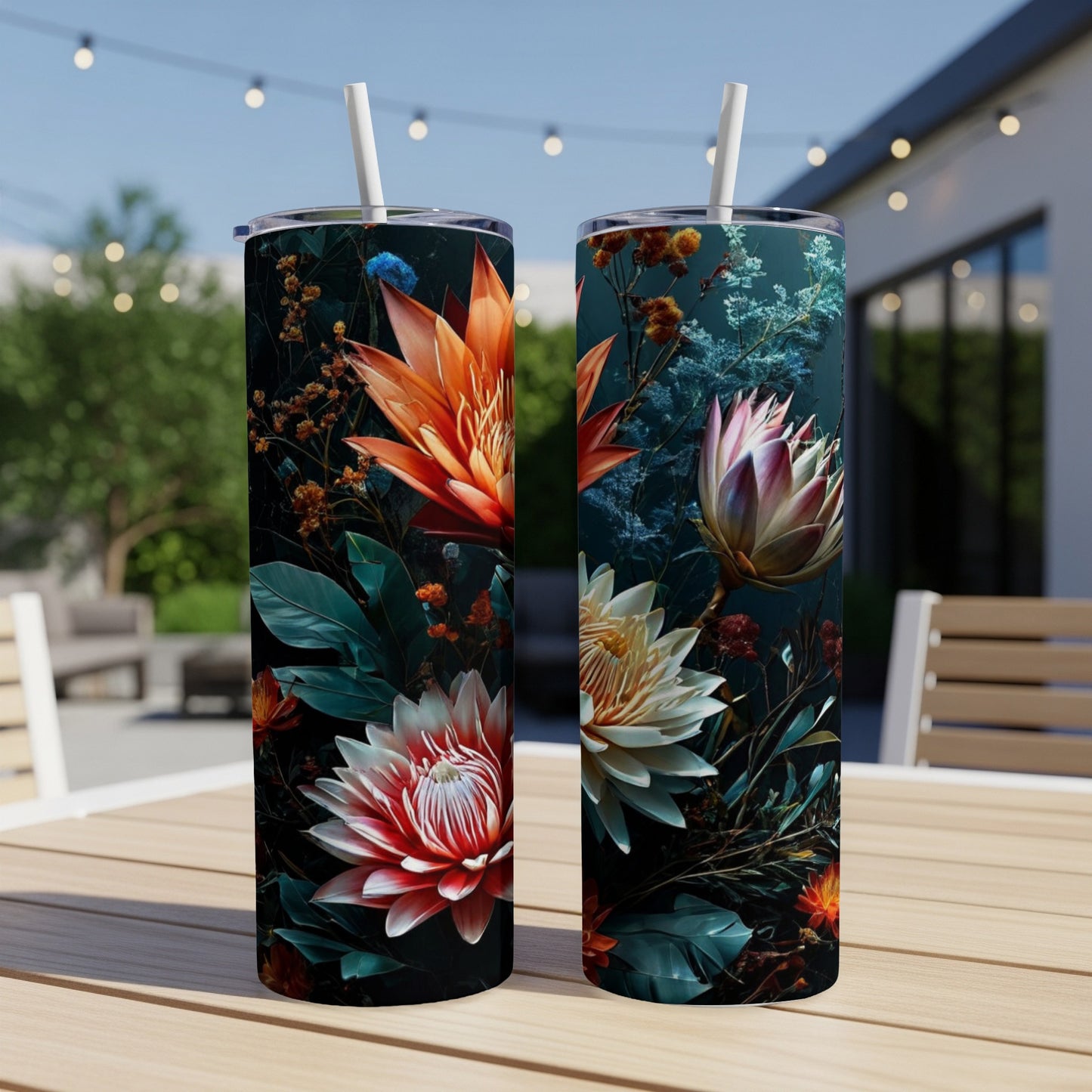 Two tumblers with a dark floral design featuring orange and white flowers.