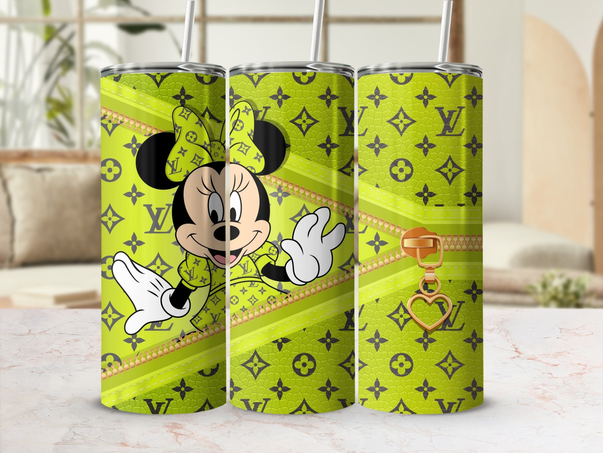 Minnie Mouse with LV pattern on a green tumbler with gold zipper charm.