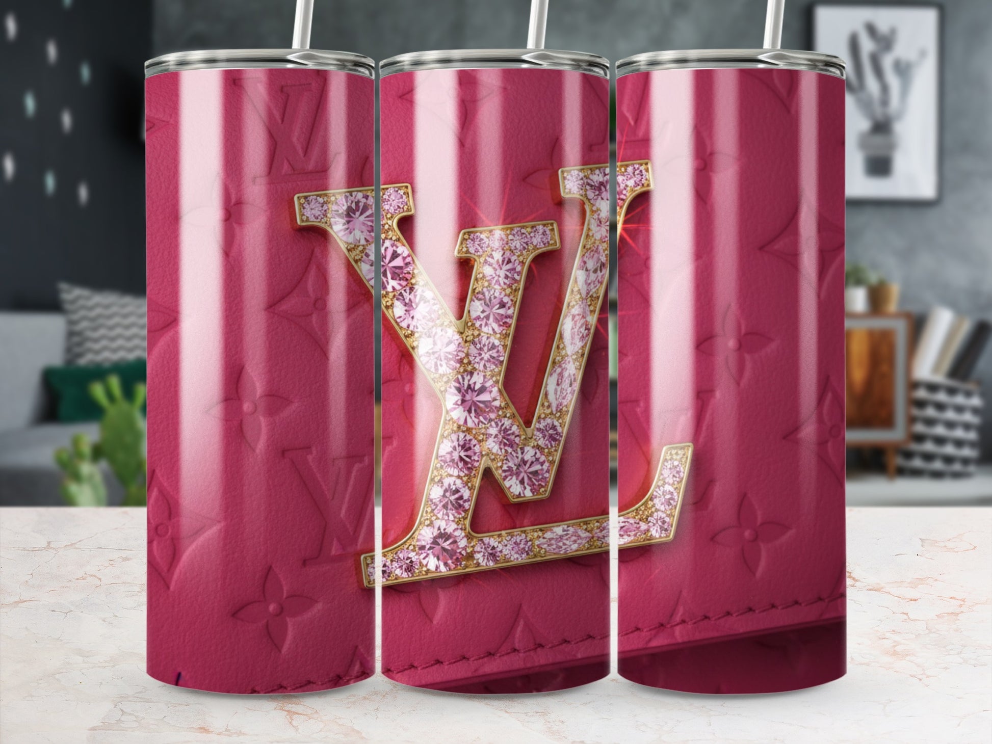 Pink Designer Insulated Tumbler with Rhinestone LV Letters