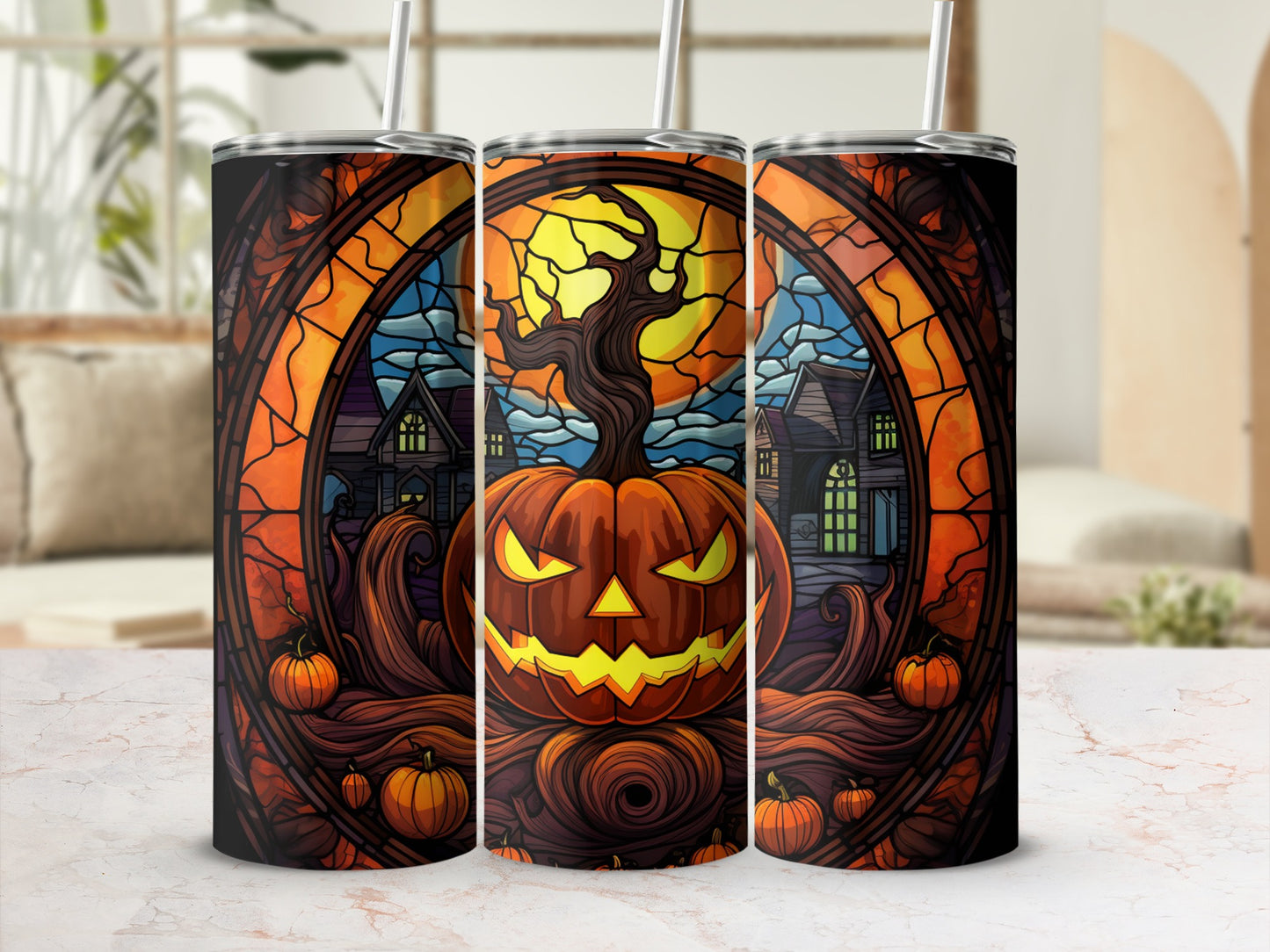 Halloween pumpkin stained glass tumbler with straw.