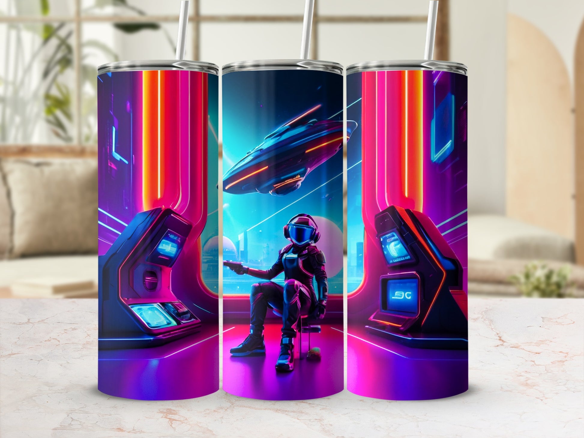 Astronaut playing video game in futuristic neon-lit arcade.