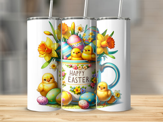 Easter chicks and eggs spilling from a mug with "Happy Easter" text.
