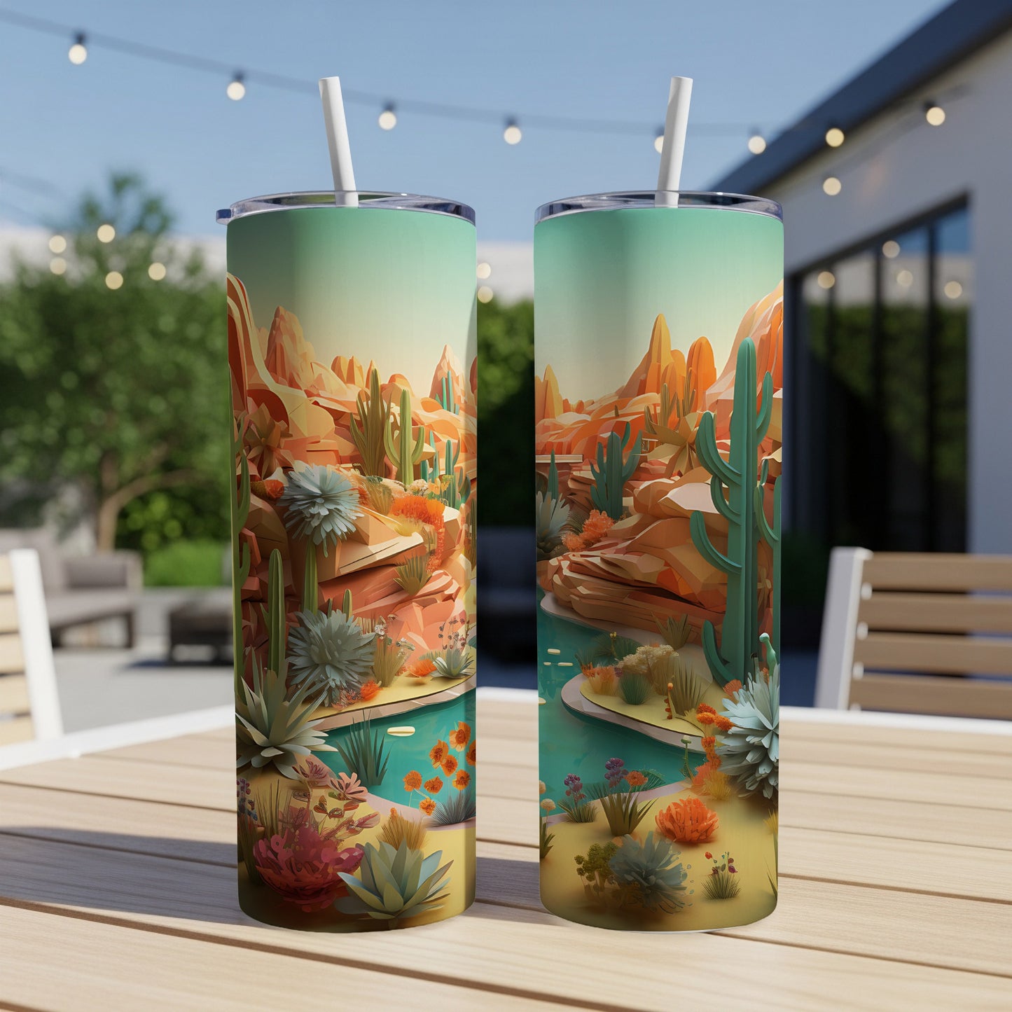 Two desert landscape tumblers with straws on a table.