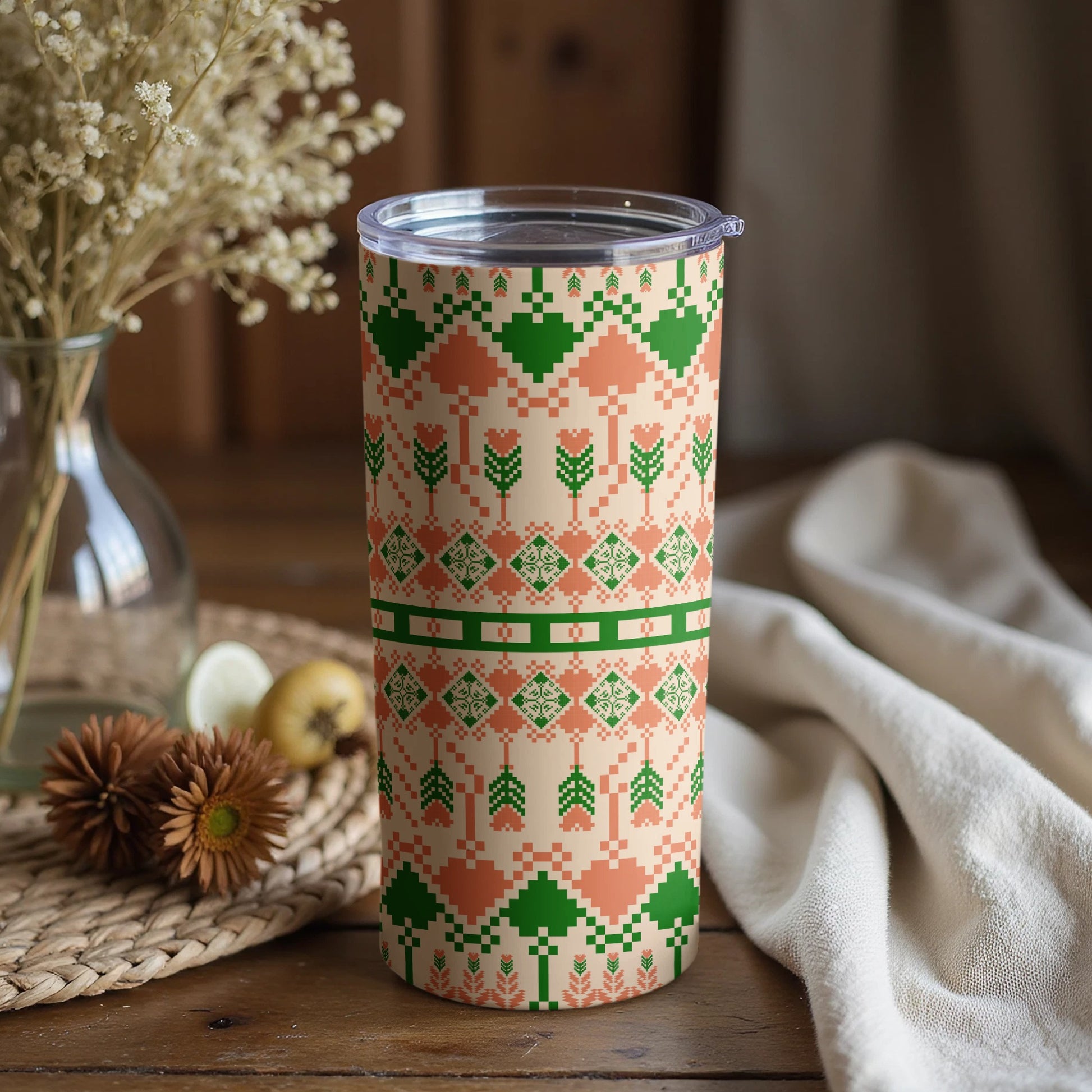 Retro-Geometric Pattern Insulated Tumbler Cup
