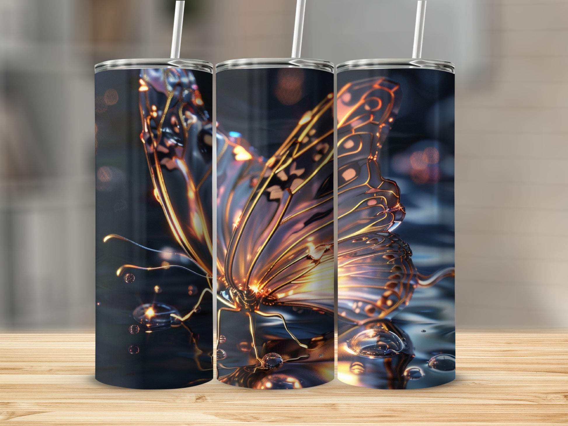 3D rendering of a butterfly with metallic wings on a reflective surface.