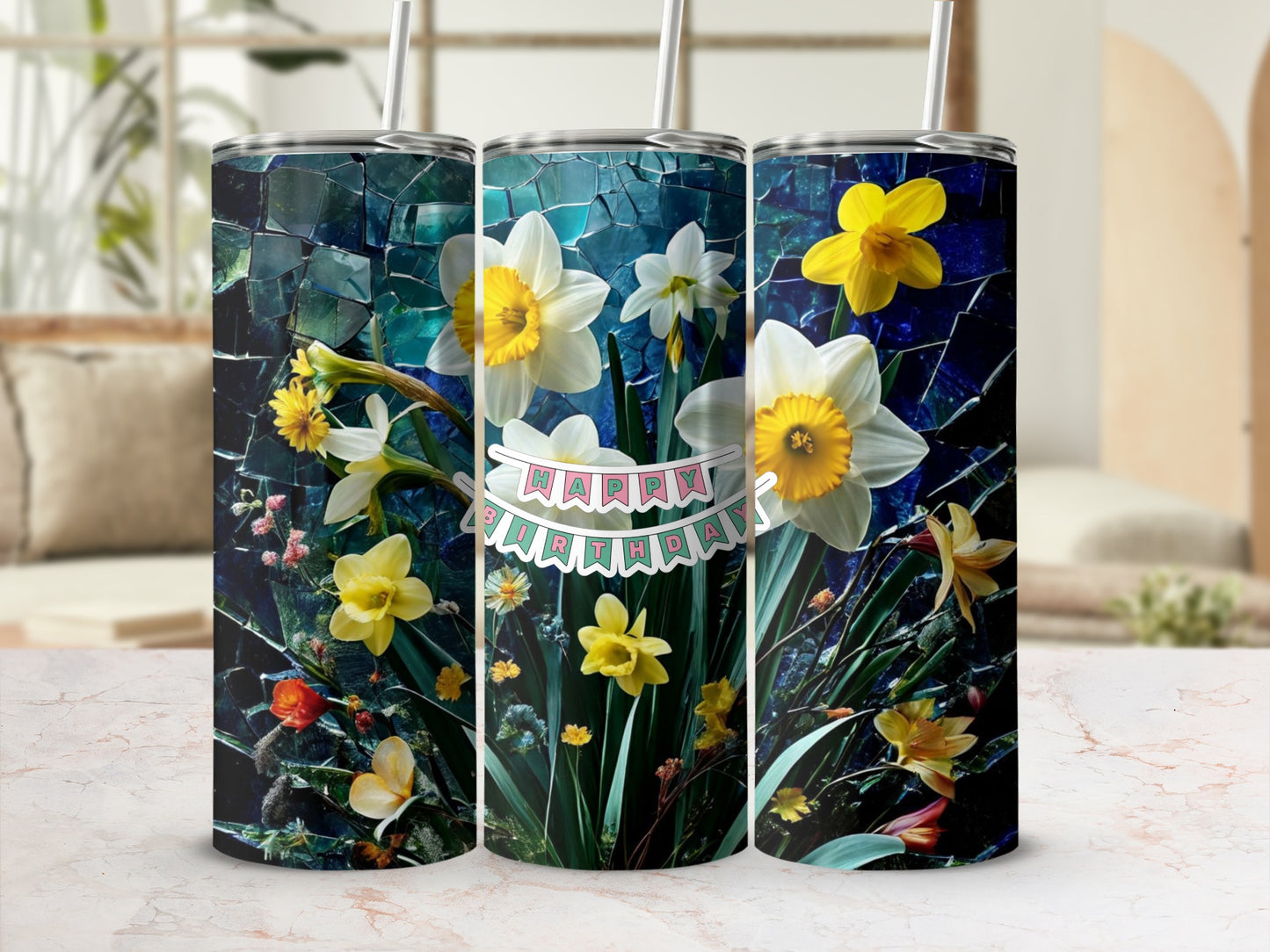 Three tumblers with mosaic floral designs and a "Happy Birthday" banner.