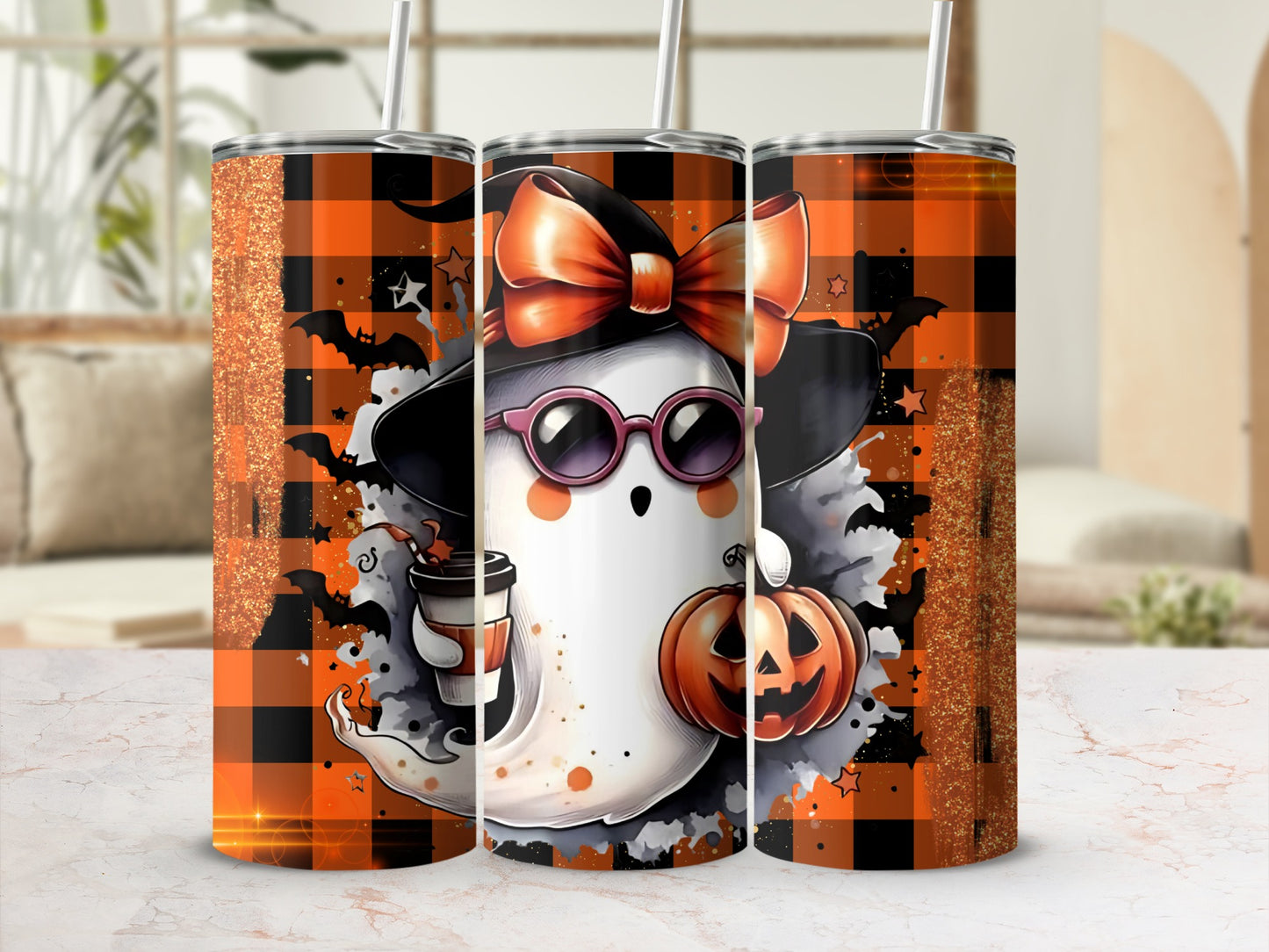 Cute Halloween Ghost and Pumpkin Tumbler Cup