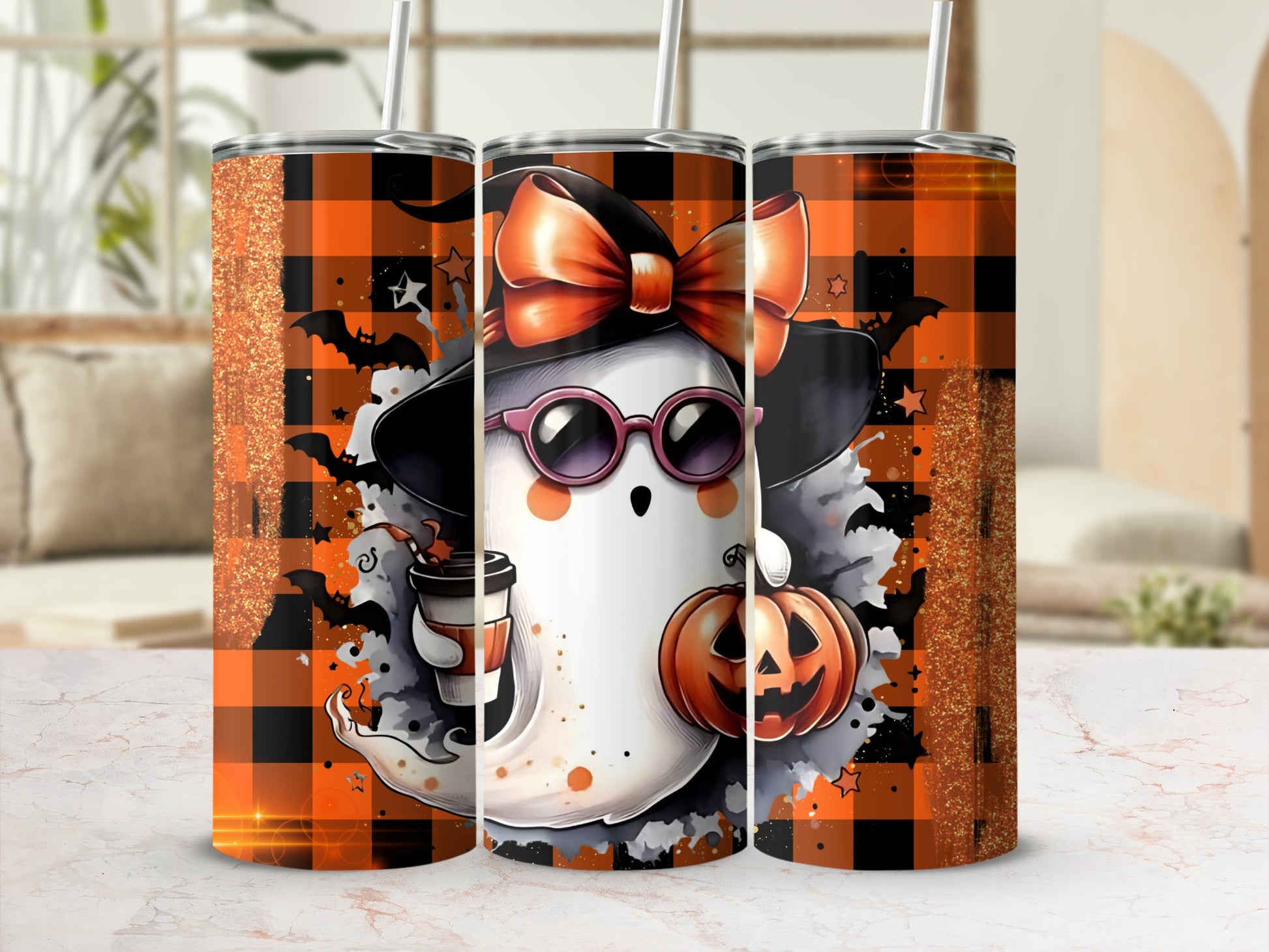 Cute Halloween Ghost and Pumpkin Tumbler Cup