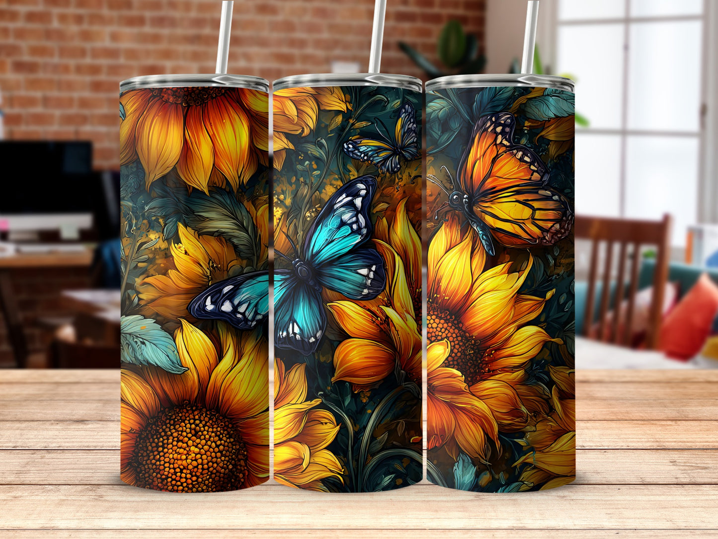 Vibrant Sunflower and Butterfly Artwork Tumbler