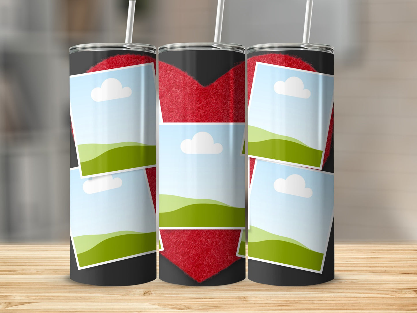 Three tumblers with a fuzzy red heart and landscape photo collage.