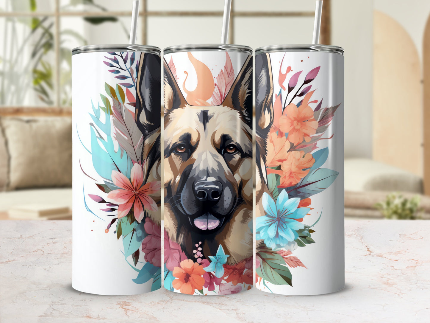 German Shepherd Dog Portrait Floral Tumbler Vibrant Art product type
German Shepherd
Dog lover gift
Pet owner
Animal print
Floral design
Nature inspired
Vibrant colors
Tumbler wrap
Drinkware accessory
Custom tumbler
Dog art
German Shepherd gift
Dog breed
Canine design
Abstract flowers
Leafy pattern
Beverage container
Portable cup
Unique gift
Decorative tumbler
