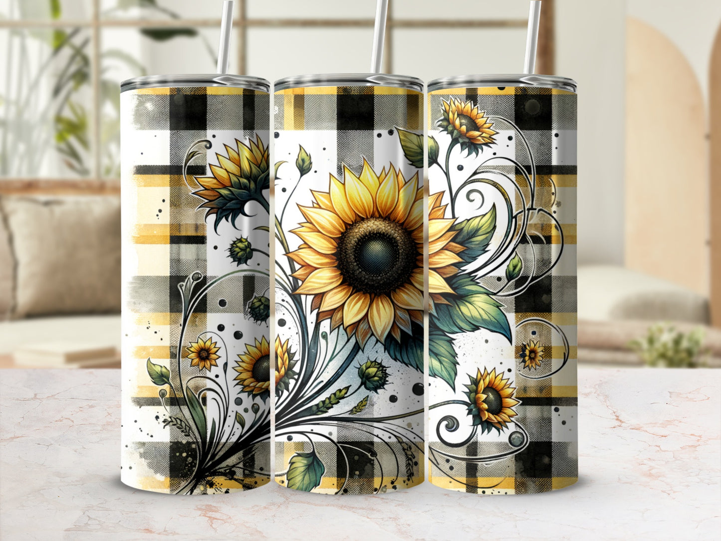 Sunflower tumbler with a black, yellow, and white plaid background.