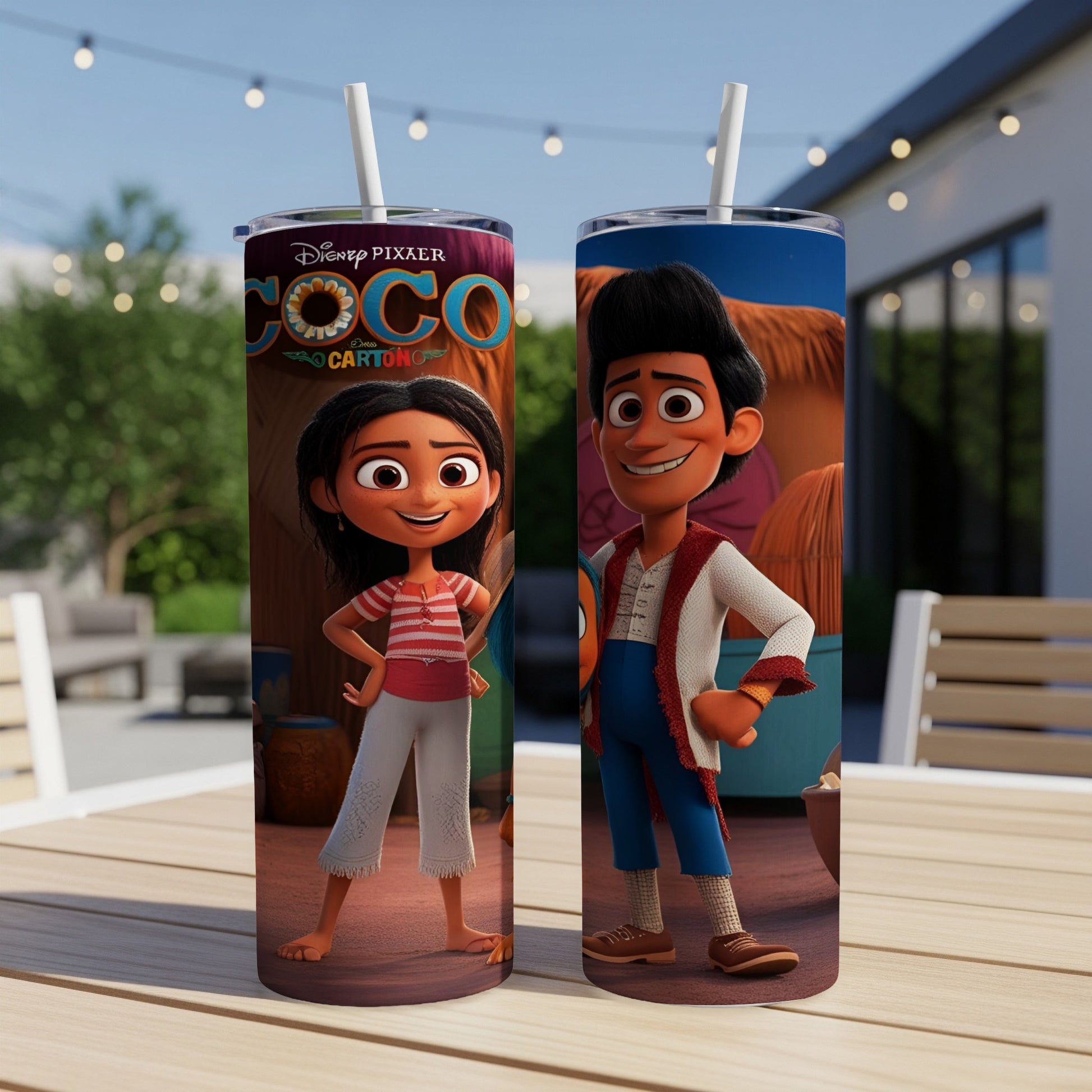 Two tumblers featuring Disney's Coco characters Miguel and Mamá Coco.