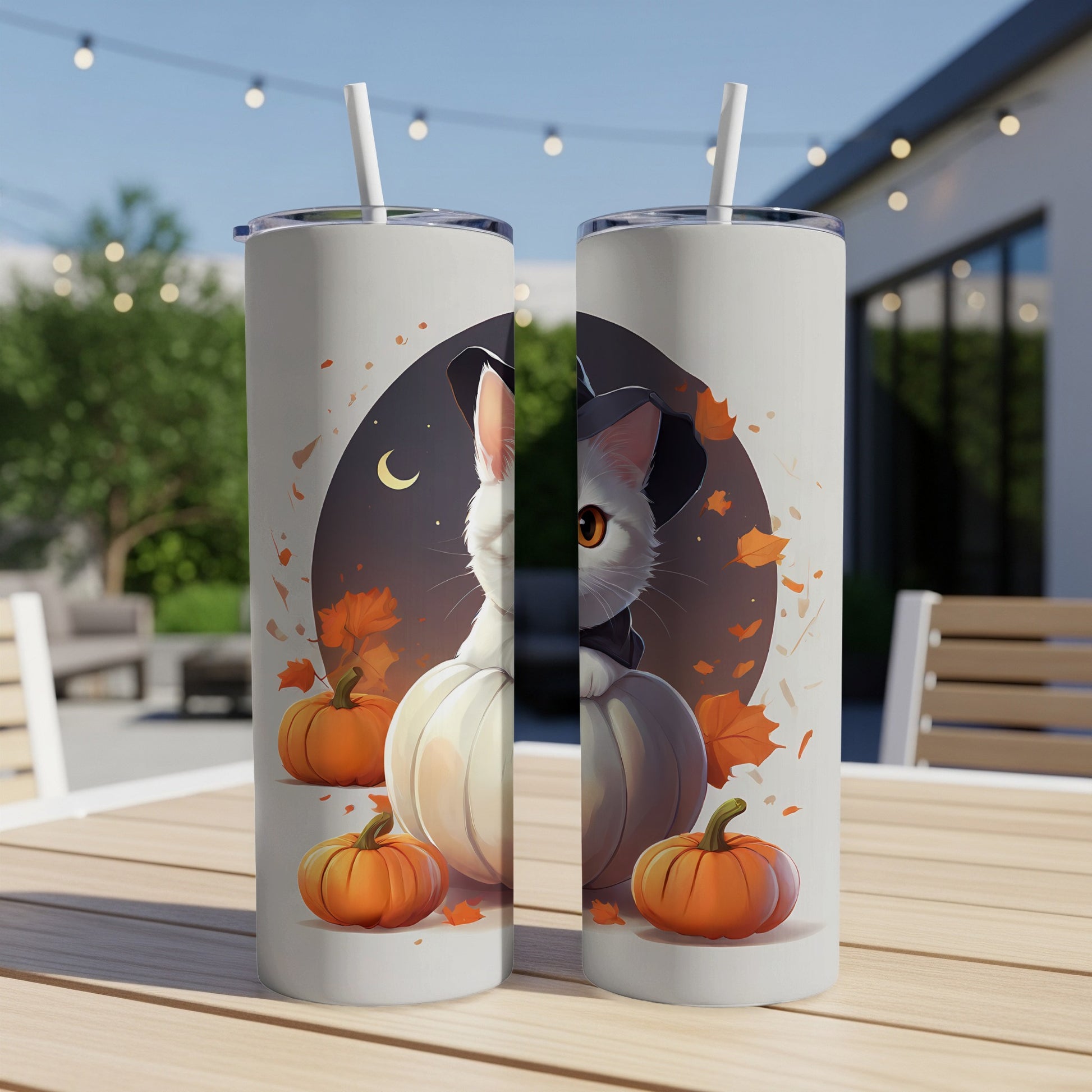 White cat in witch hat with pumpkins and autumn leaves on tumbler.