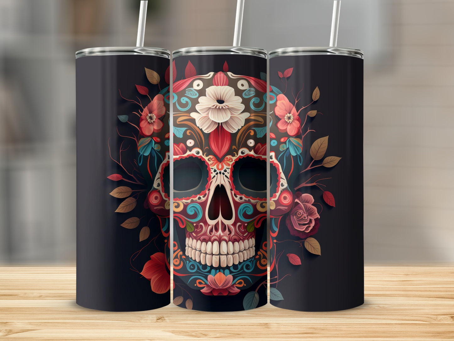 Colorful Sugar Skull Floral Print Tumbler Product