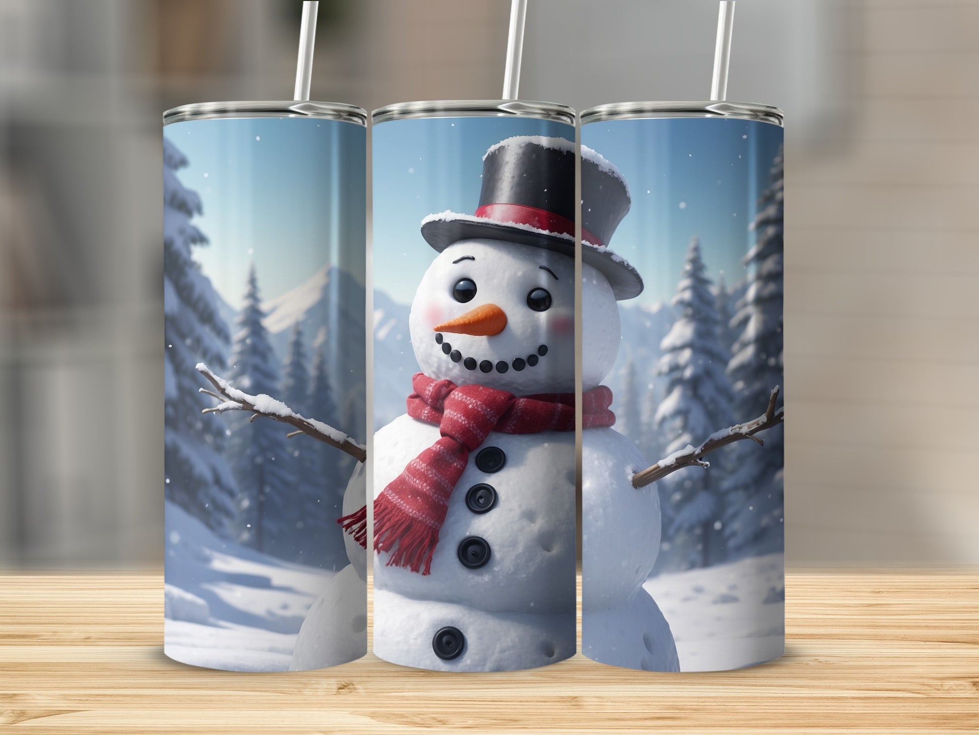 Happy snowman with black hat and red scarf in a snowy landscape.