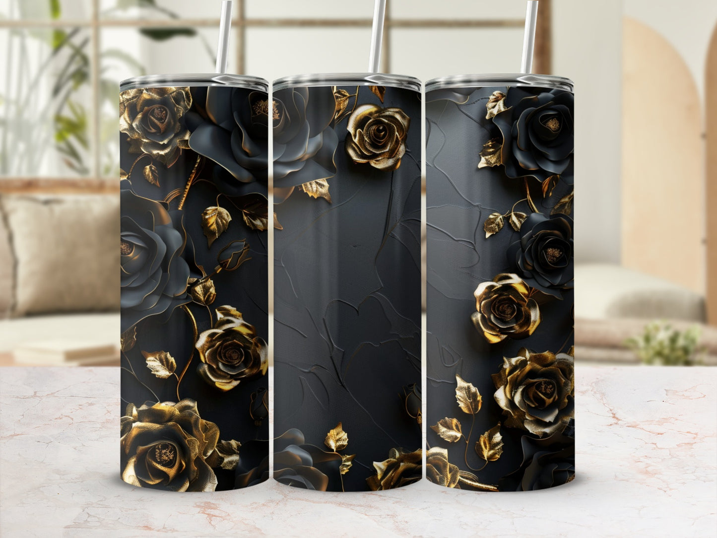 Three tumblers with black roses and gold accents on a textured background.