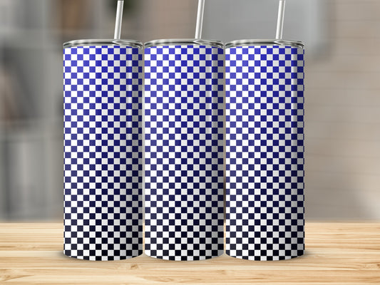 Three tumblers with a blue and white checkerboard pattern on a wooden surface.