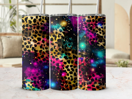 Leopard print tumbler with colorful galaxy background and stars.
