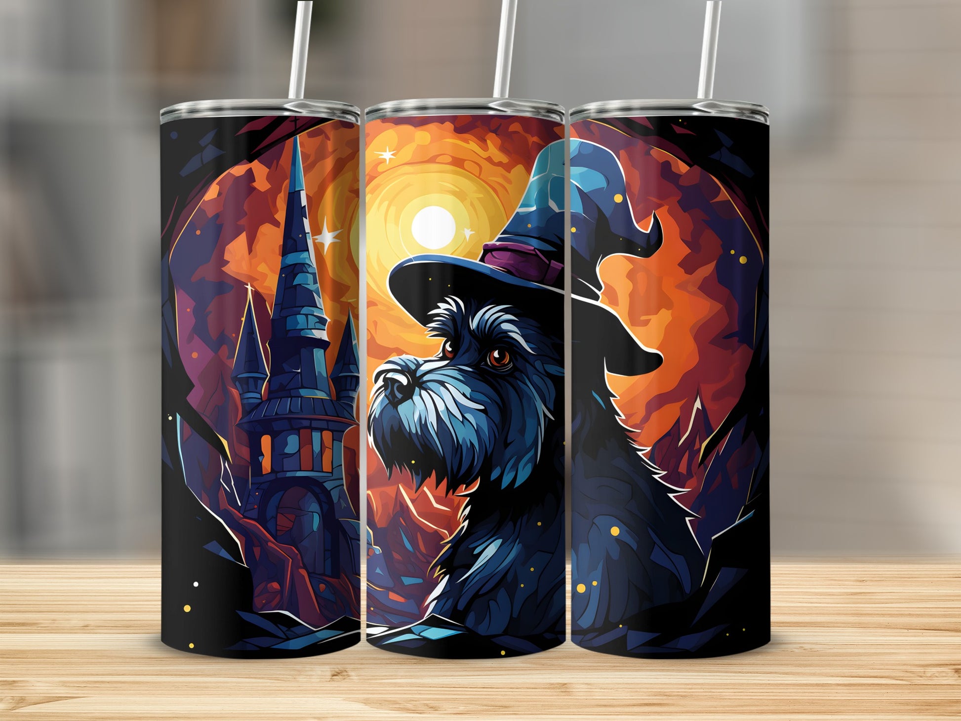Three tumblers display a black dog in a witch hat with a castle and moon background.