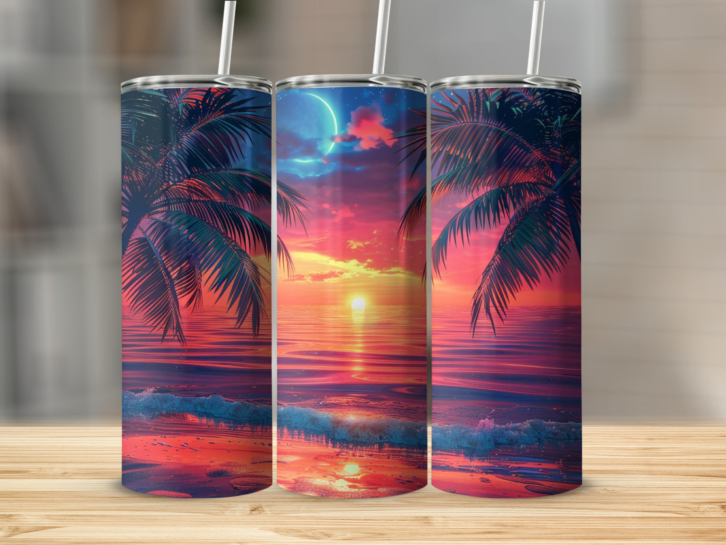 Three tumblers featuring a sunset beach scene with palm trees.