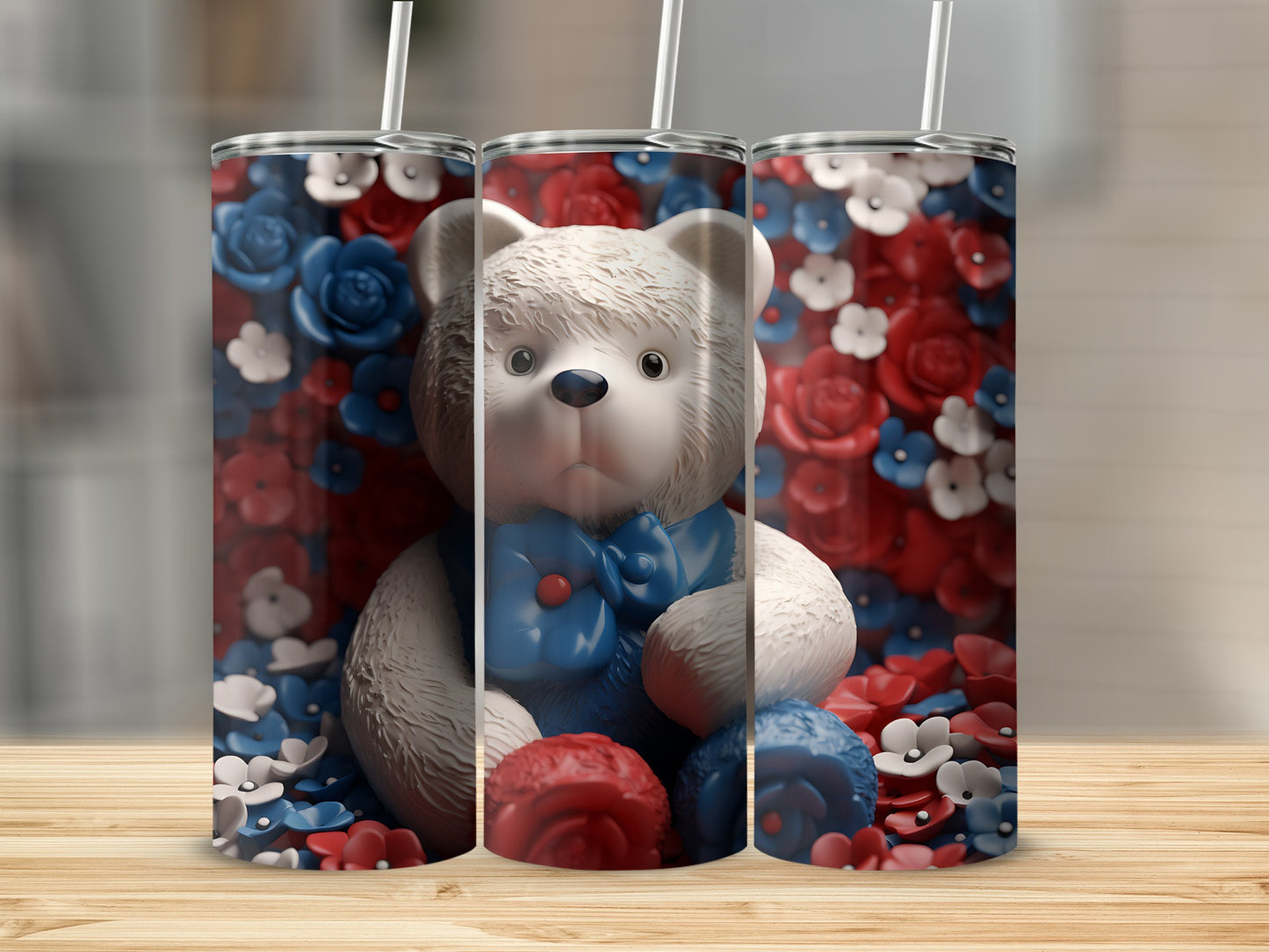 Teddy bear surrounded by red and blue flowers, on a patriotic tumbler.