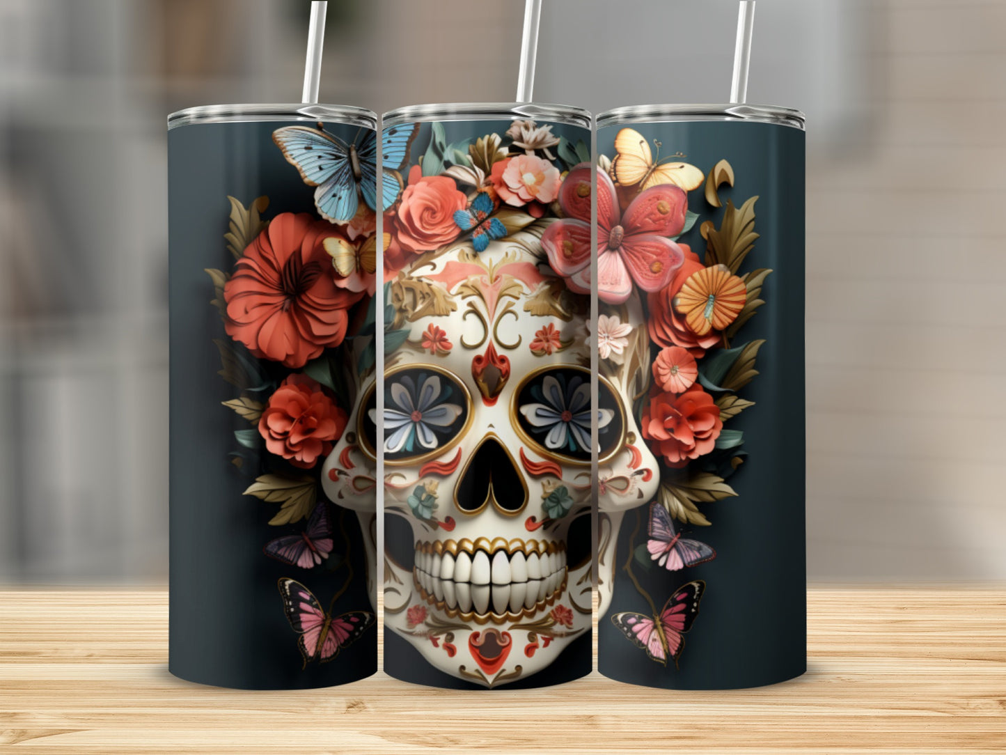 Floral Skull with Butterflies Custom Tumbler Design