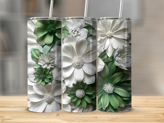 Three tumblers with a white and green floral pattern.