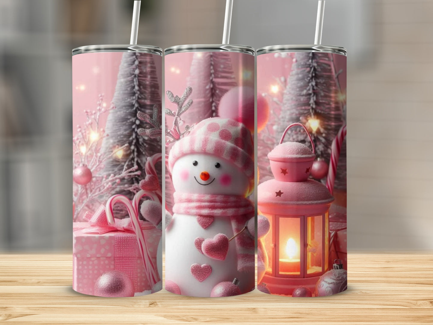 Festive Snowman and Lantern Pink Christmas Tumbler