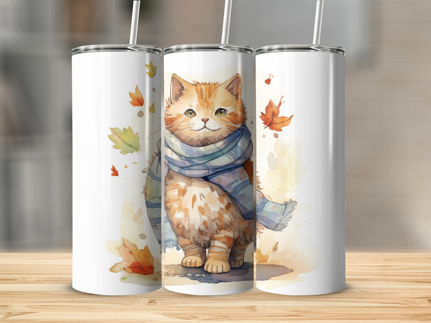 Watercolor orange tabby cat wearing a blue plaid scarf surrounded by autumn leaves.