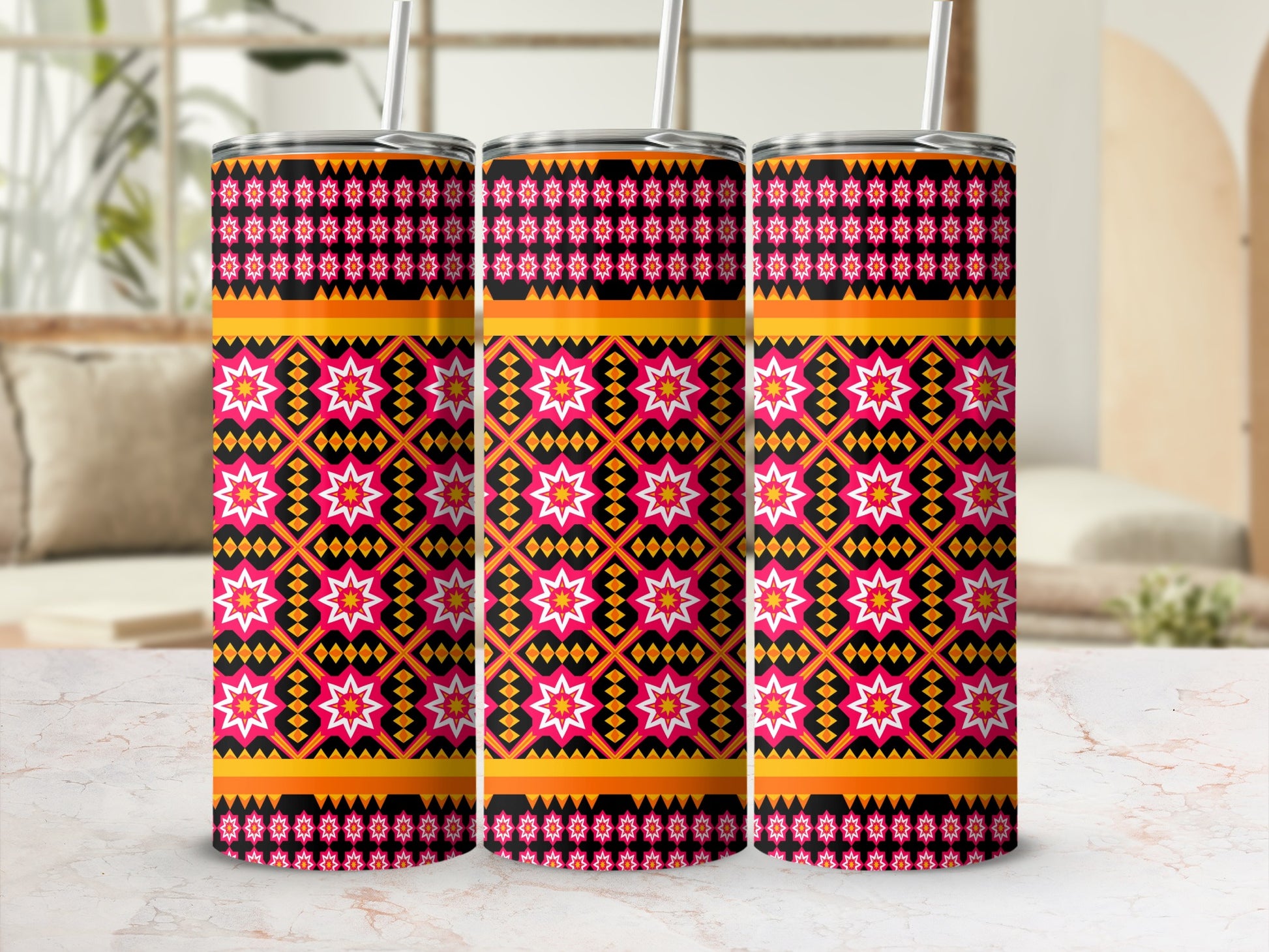 Vibrant Geometric Pattern Tumbler with Straw