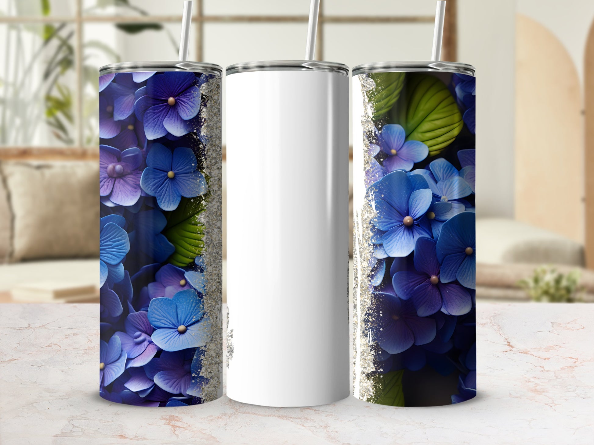 White tumbler with blue hydrangeas and glitter accents.