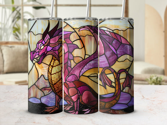 Three stained glass dragon tumblers with colorful dragon designs.