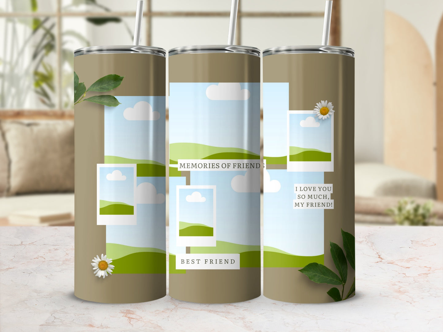 Three tumblers featuring photo collages with sky, clouds, green hills, and text.