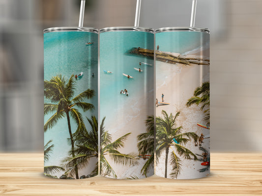 Tropical Beach Scene with Palm Trees Tumbler Product