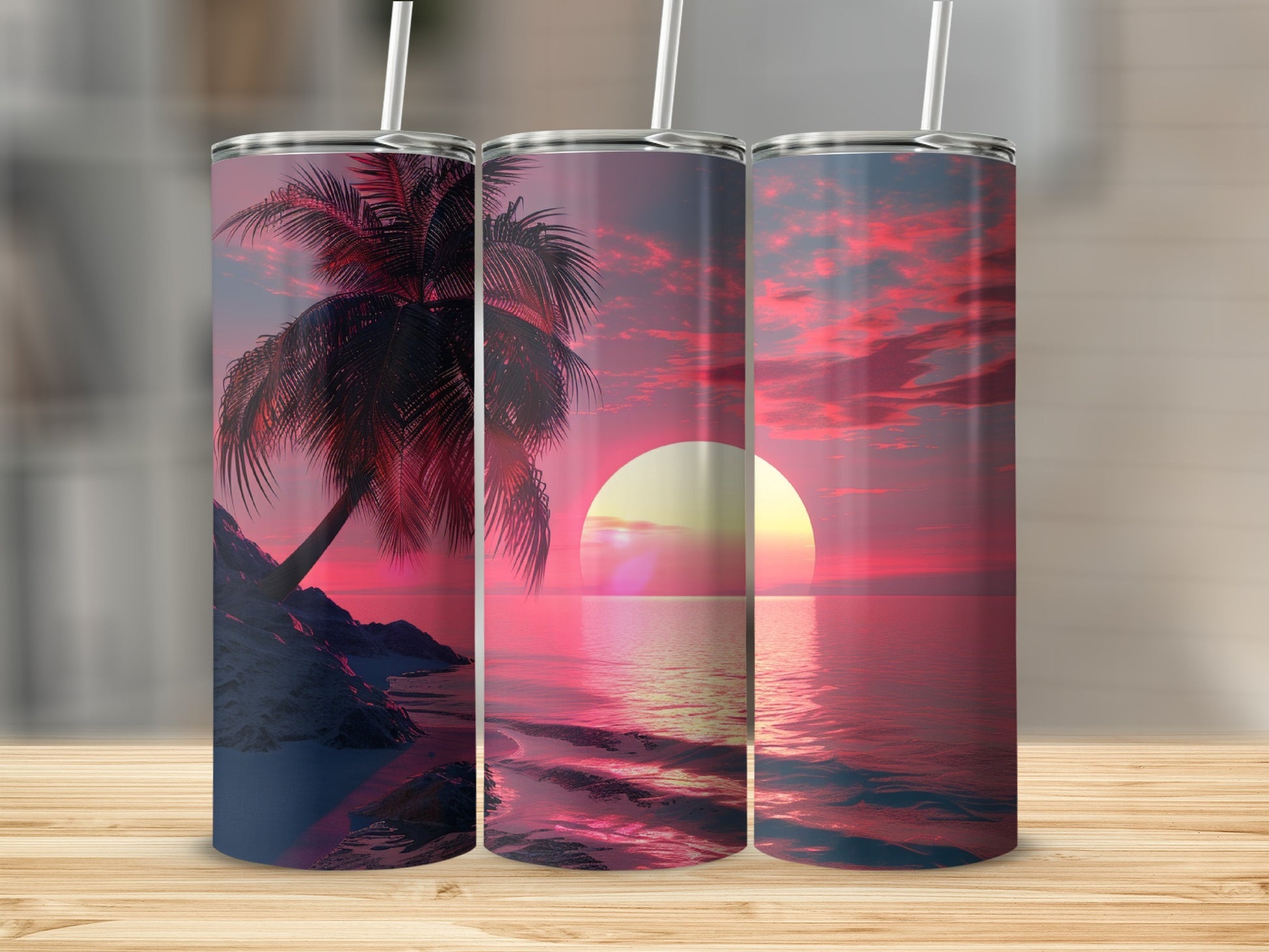 Three tumblers featuring a vibrant sunset over a tropical beach scene.