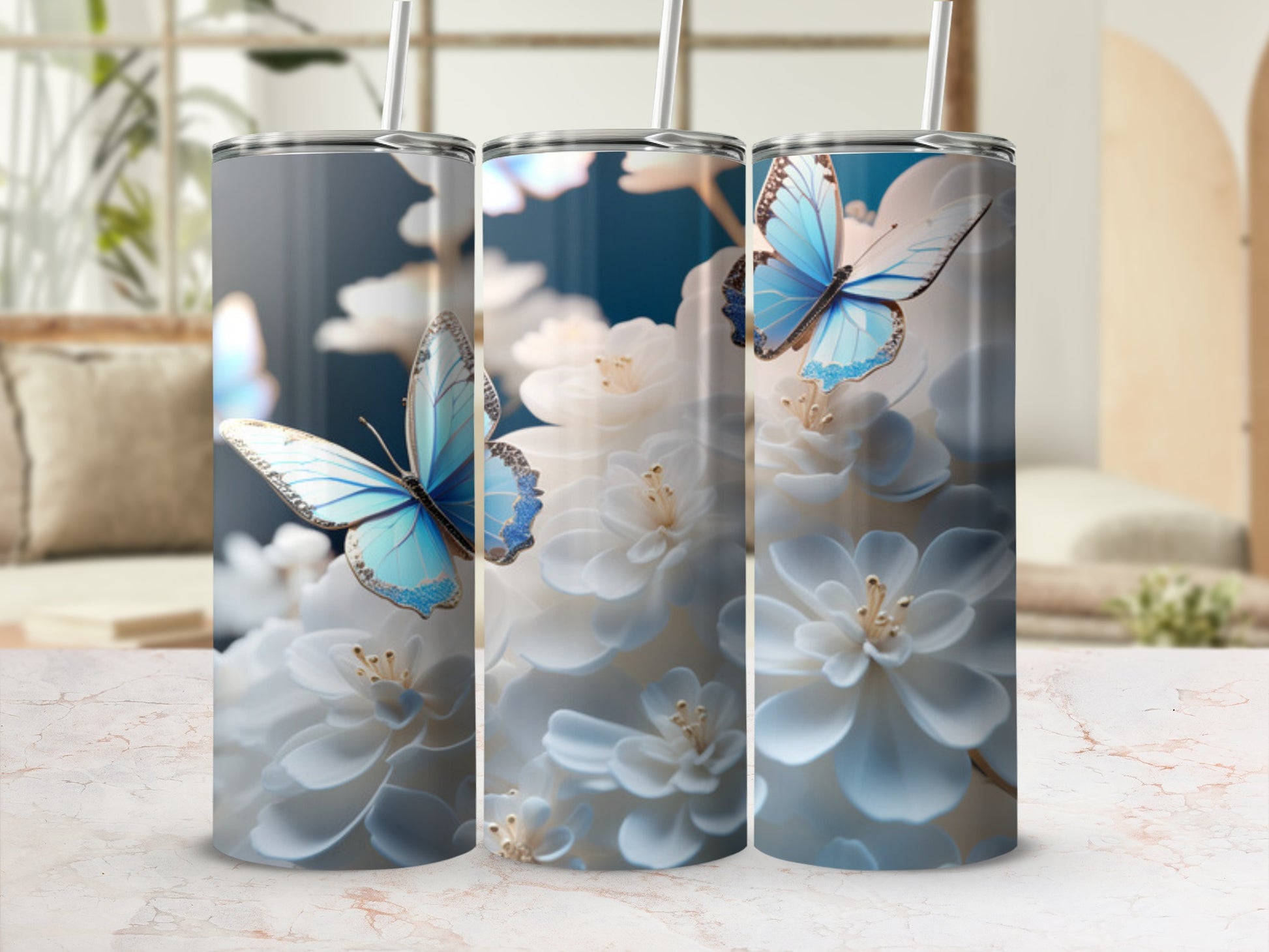 Two blue butterflies perched on white floral blooms.