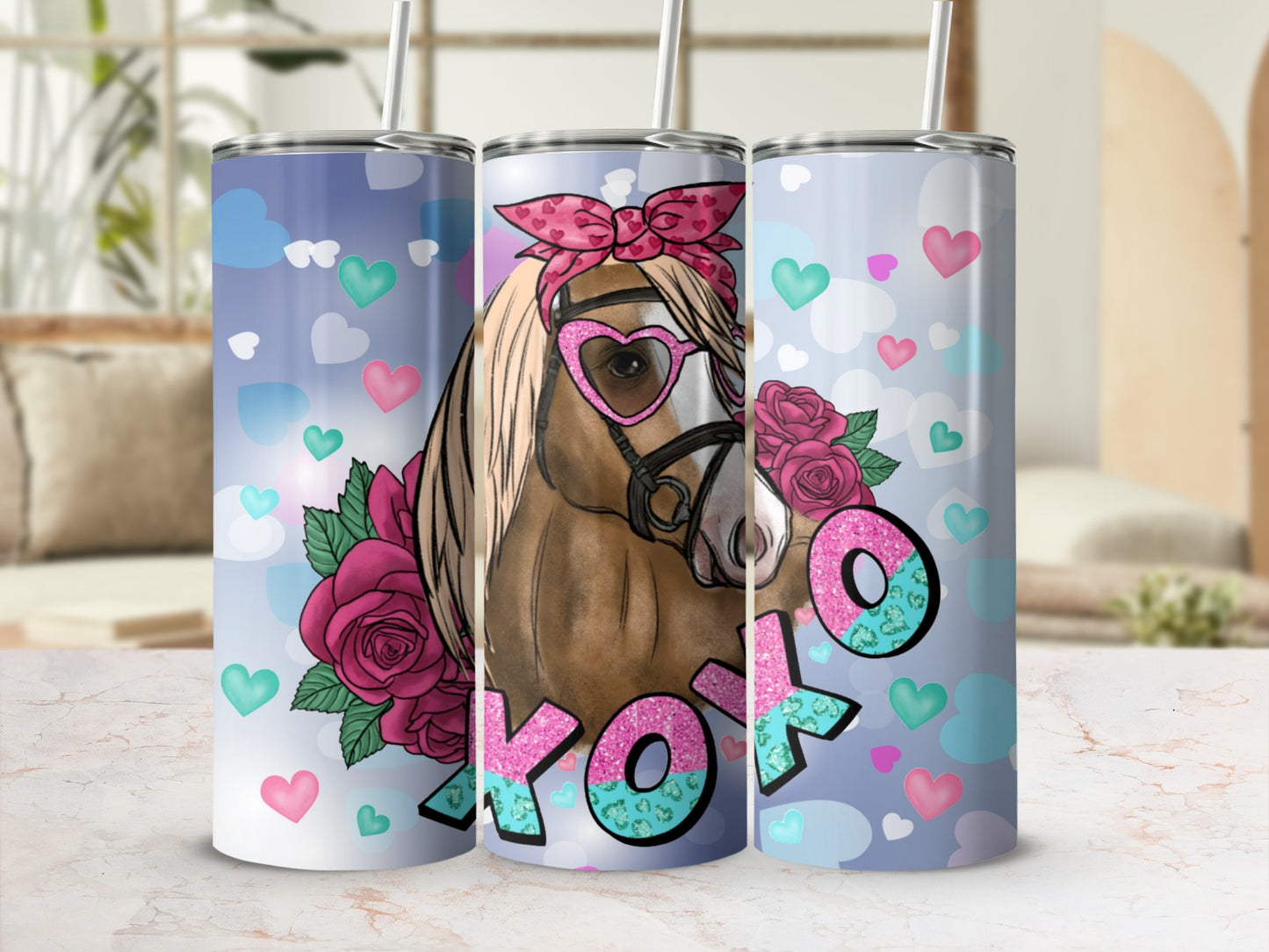 Horse with pink heart sunglasses and roses, "XOXO" text, on a skinny tumbler.