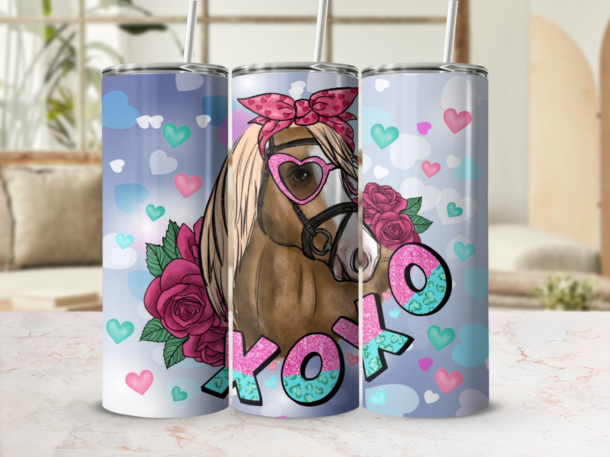 Horse with pink heart sunglasses and roses, "XOXO" text, on a skinny tumbler.