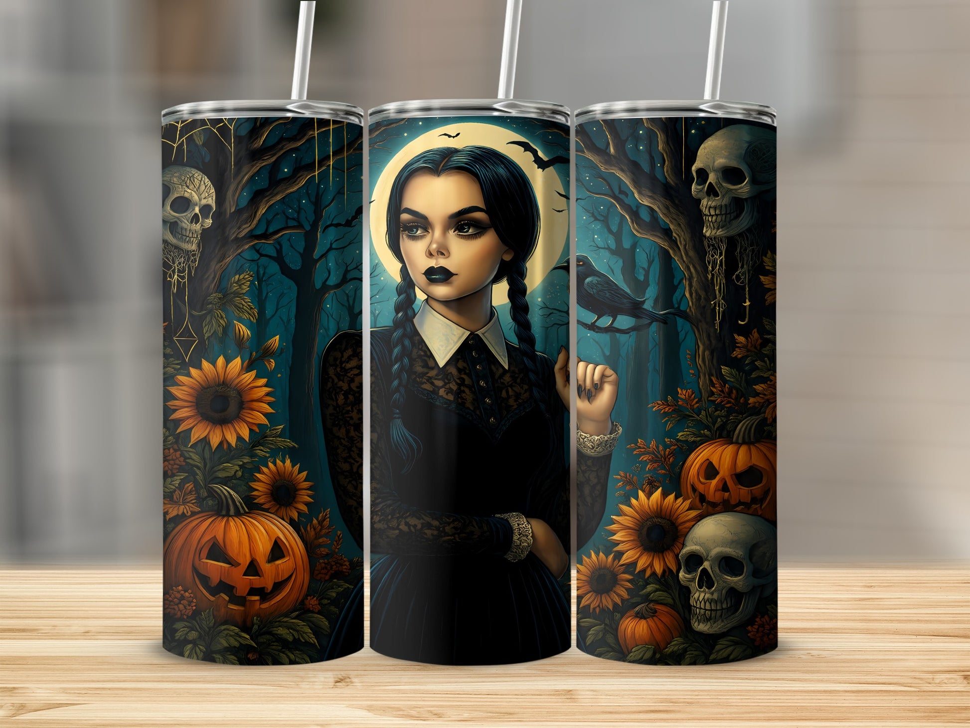 Tumbler with Wednesday Addams, pumpkins, skulls, sunflowers, and a crow.