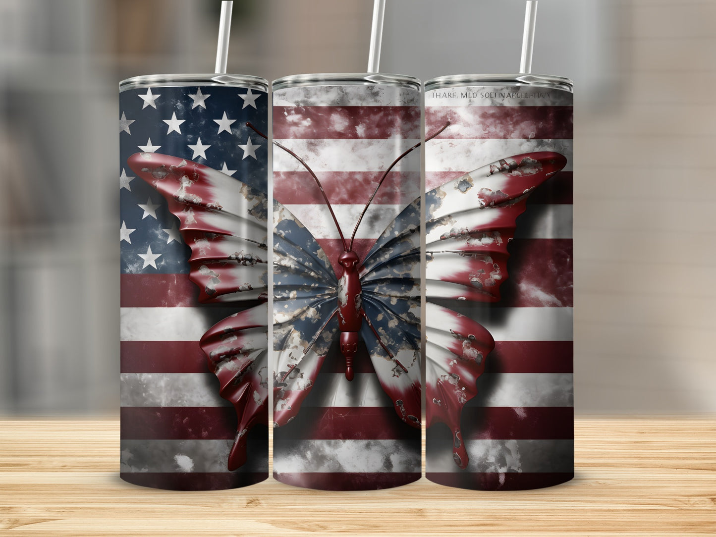 American flag butterfly pattern on a stainless steel tumbler.