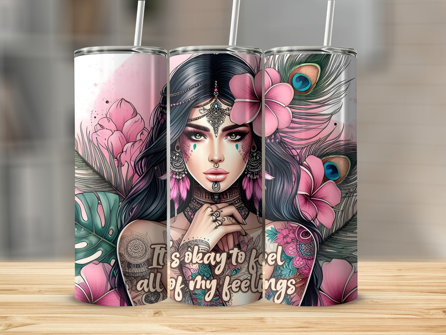Tattooed woman with flowers and peacock feathers, text "it's okay to feel all of my feelings."