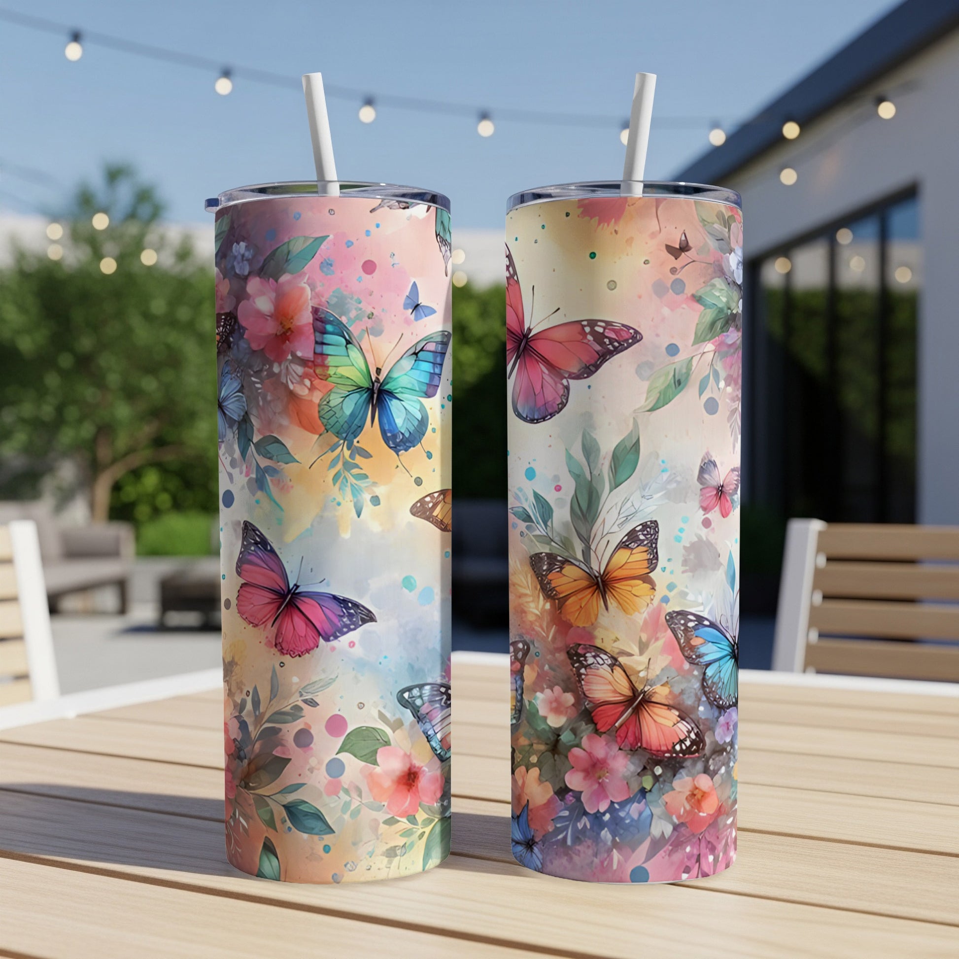 Two tumblers with colorful floral and butterfly designs displayed outdoors.