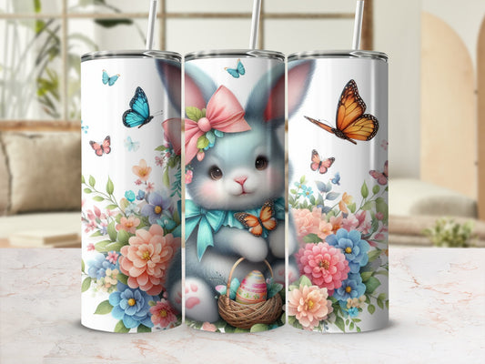 Easter bunny with basket and butterflies on floral background.