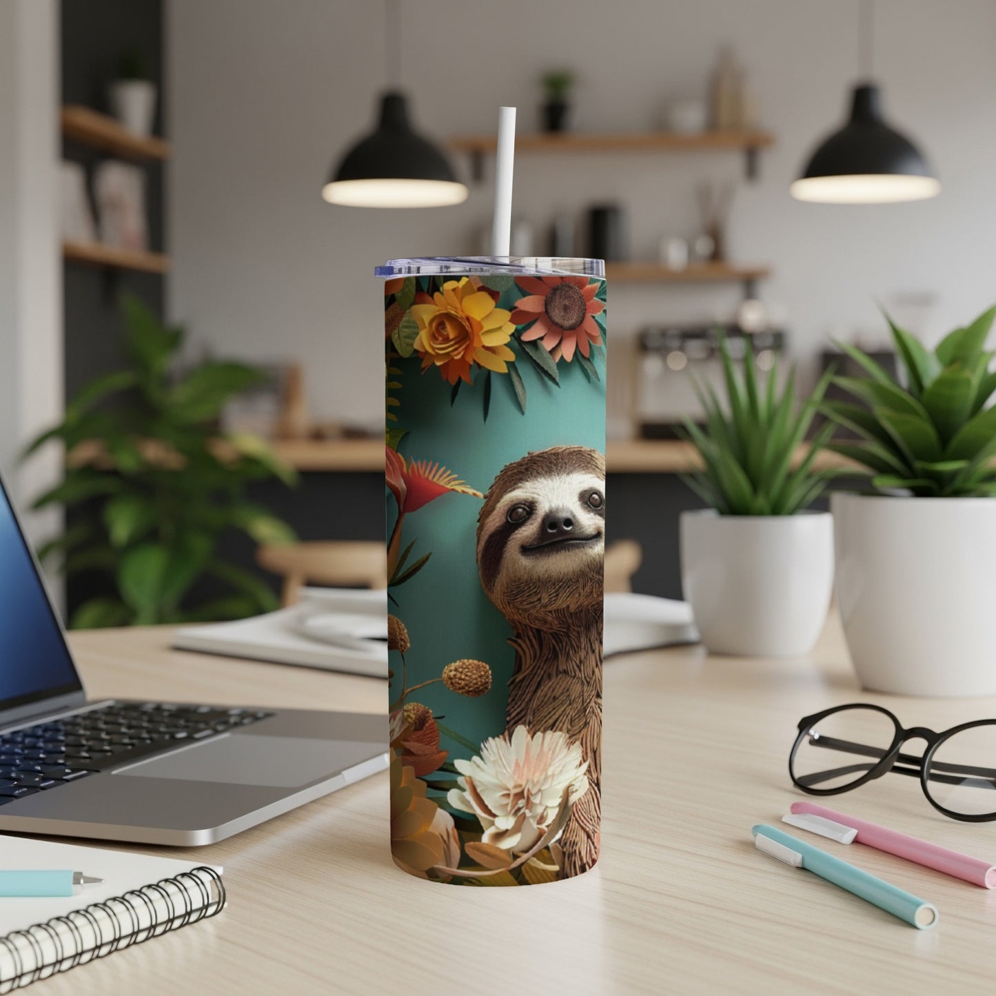 Tumbler with a sloth and floral design on a desk.