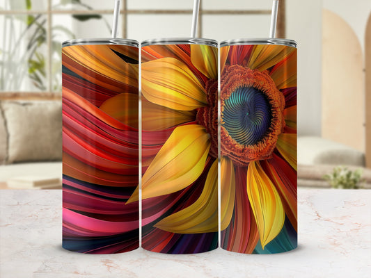 Three tumblers with a vibrant, abstract sunflower design and straws.