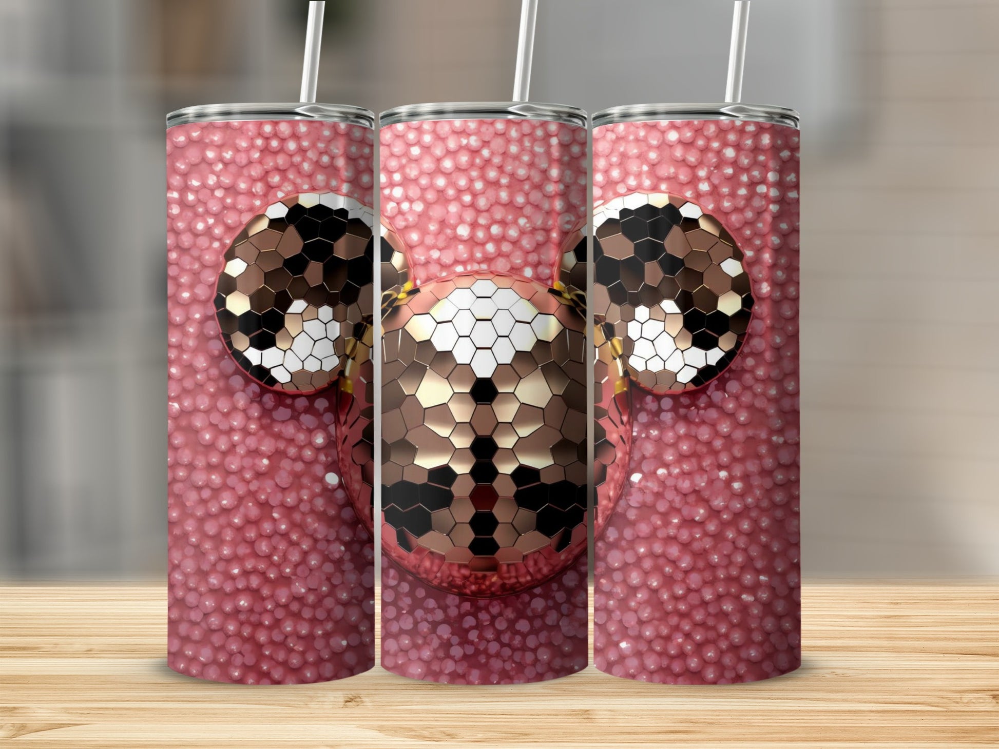 Pink Bubbly Tumbler with Shiny Mickey Ears Design