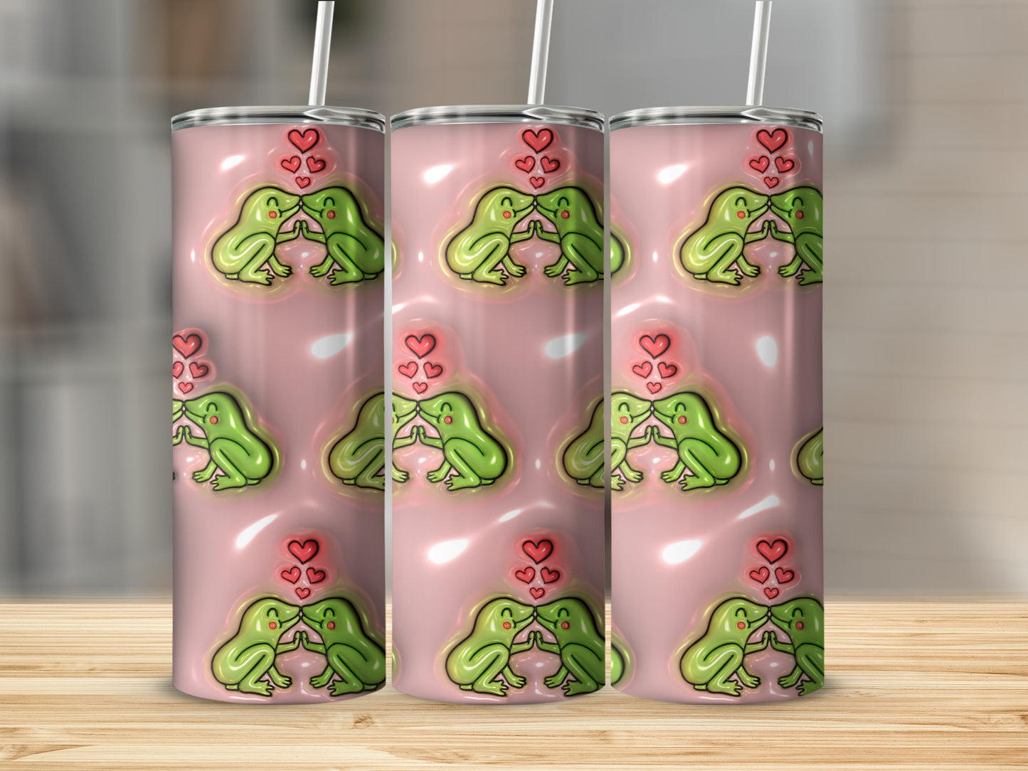 Cute Frog Couple with Hearts Pink Background Tumbler